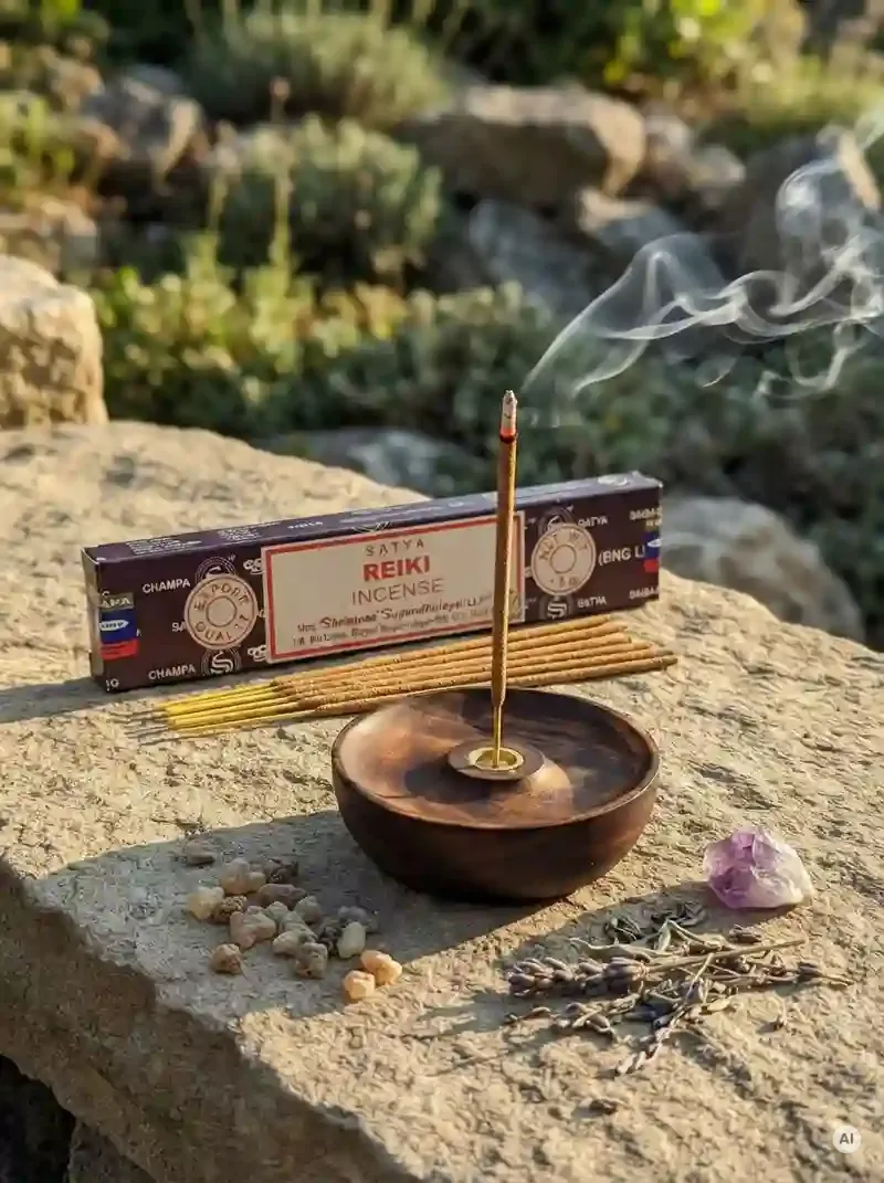 Oryginalne bordowo kremowe opakowanie indyjskich kadzidełek SATYA Reiki obok naturalnych patyczków masala.