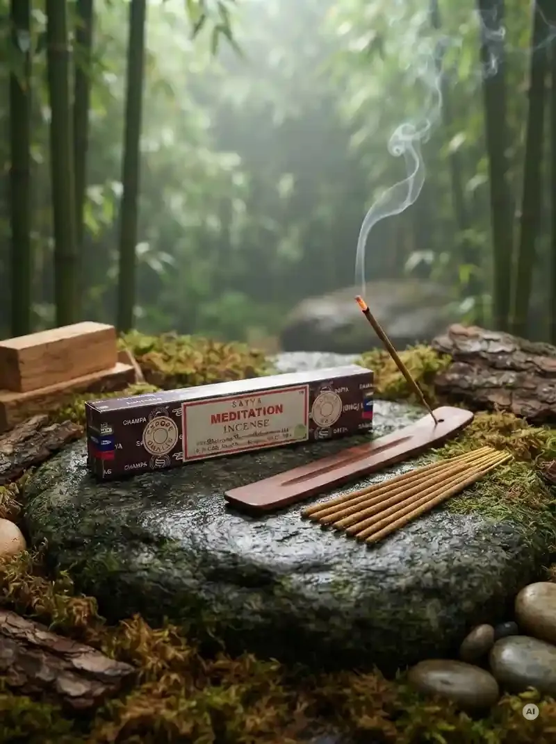 Oryginalne brązowo kremowe opakowanie indyjskich kadzidełek SATYA Meditation obok naturalnych patyczków masala.