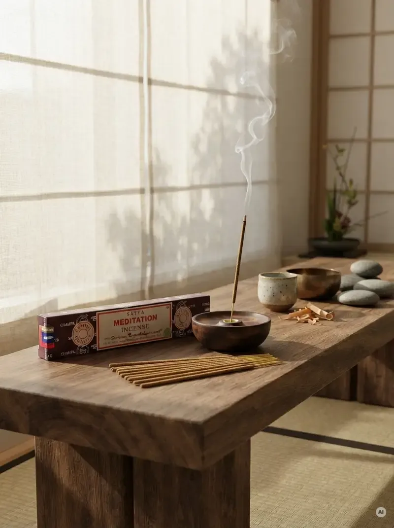 Oryginalne brązowo kremowe opakowanie indyjskich kadzidełek SATYA Meditation obok naturalnych patyczków masala.