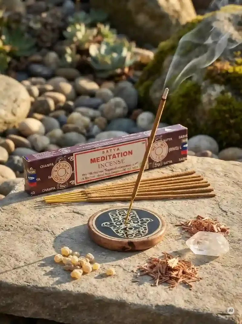 Oryginalne brązowo kremowe opakowanie indyjskich kadzidełek SATYA Meditation obok naturalnych patyczków masala.