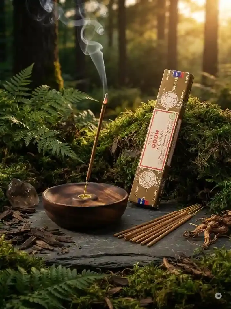 Oryginalne ciemnobrunatne opakowanie indyjskich kadzidełek SATYA Oodh obok naturalnych patyczków masala.