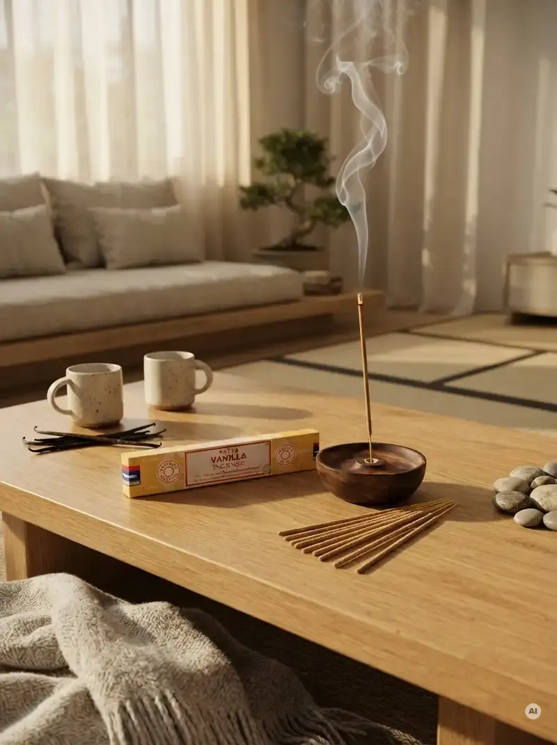 Oryginalne żółto kremowe opakowanie indyjskich kadzidełek SATYA Vanilla obok naturalnych patyczków masala.