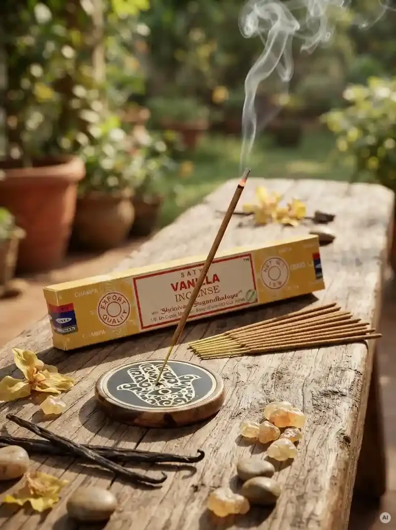 Oryginalne żółto kremowe opakowanie indyjskich kadzidełek SATYA Vanilla obok naturalnych patyczków masala.