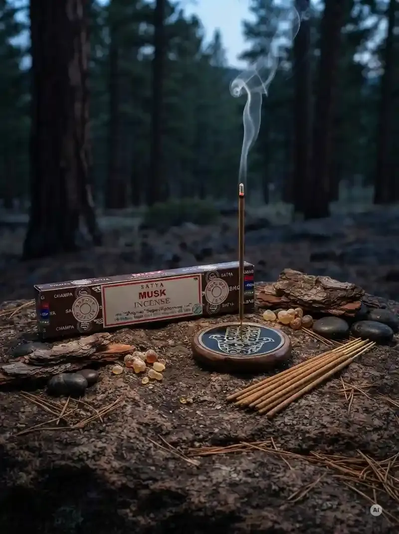 Oryginalne ciemnobrązowo kremowe opakowanie indyjskich kadzidełek SATYA Musk obok naturalnych patyczków masala.