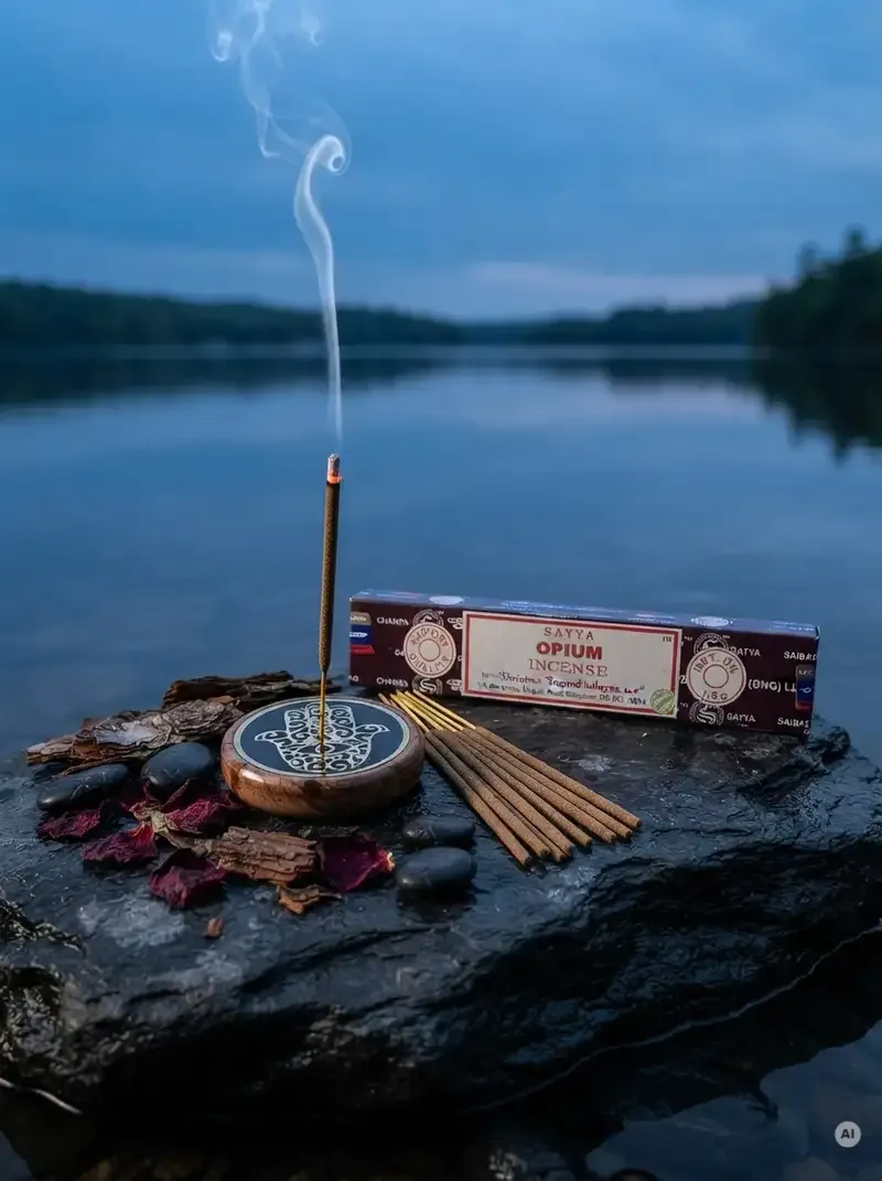 Oryginalne ciemnobrązowo kremowe opakowanie indyjskich kadzidełek SATYA Opium obok naturalnych patyczków masala.