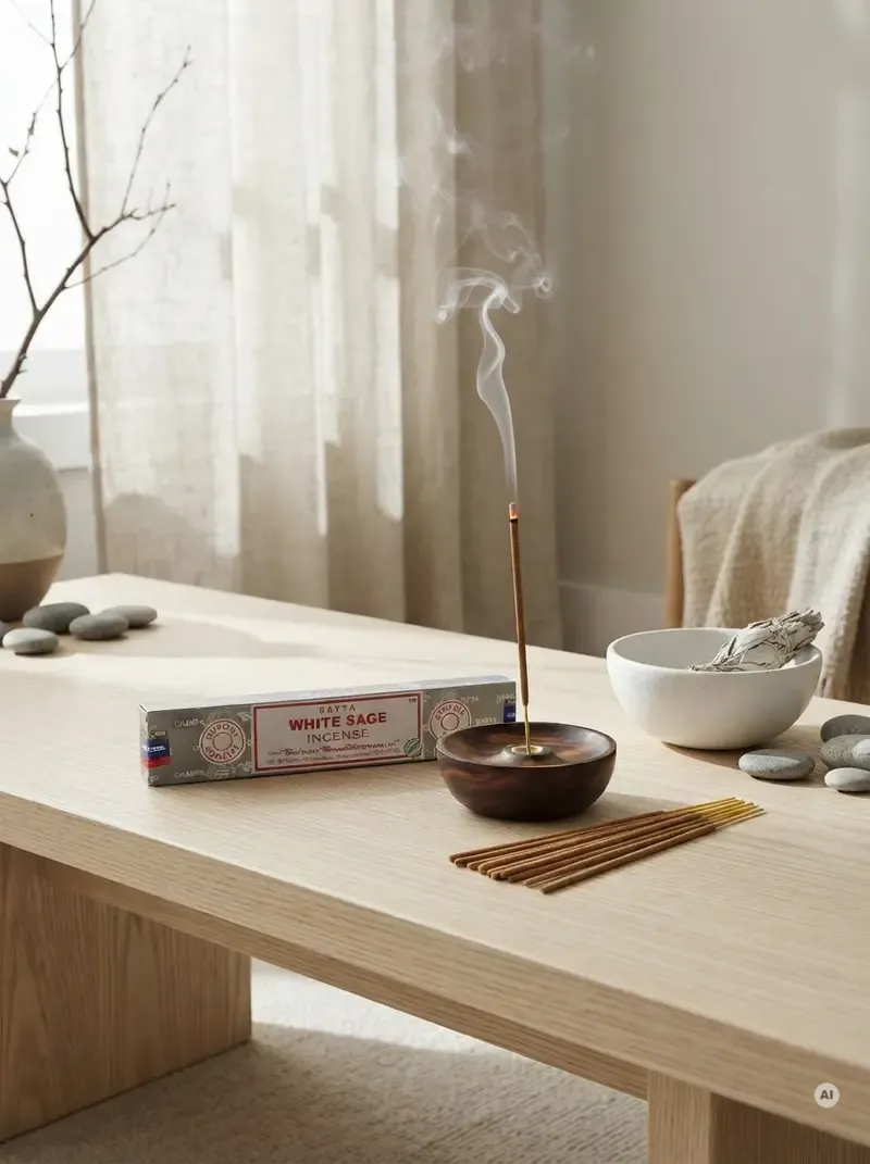Oryginalne szaro kremowe opakowanie indyjskich kadzidełek SATYA White Sage obok naturalnych patyczków masala.