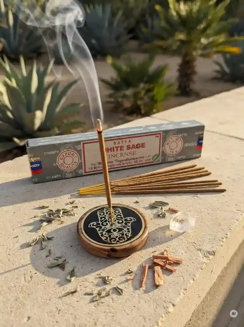 Oryginalne szaro kremowe opakowanie indyjskich kadzidełek SATYA White Sage obok naturalnych patyczków masala.