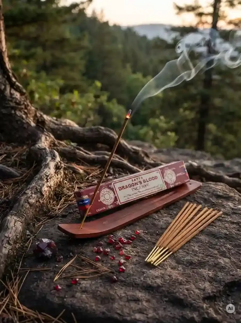 Oryginalne bordowo kremowe opakowanie indyjskich kadzidełek SATYA Dragon's Blood obok naturalnych patyczków masala.