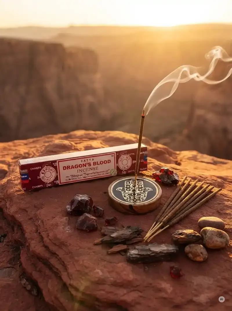 Oryginalne bordowo kremowe opakowanie indyjskich kadzidełek SATYA Dragon's Blood obok naturalnych patyczków masala.