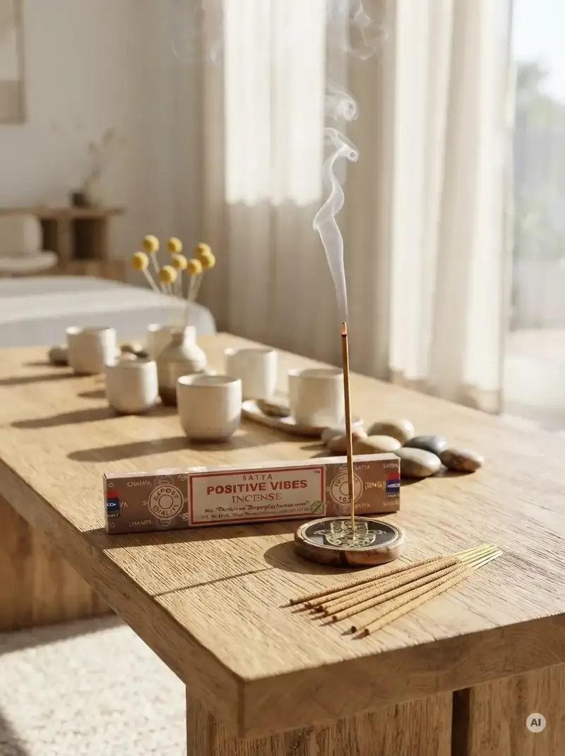 Oryginalne pomarańczowo kremowe opakowanie indyjskich kadzidełek SATYA Positive Vibes obok naturalnych patyczków masala.