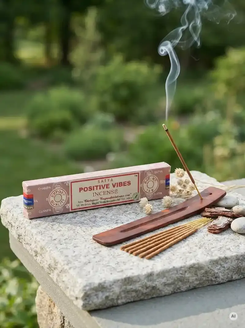 Oryginalne pomarańczowo kremowe opakowanie indyjskich kadzidełek SATYA Positive Vibes obok naturalnych patyczków masala.