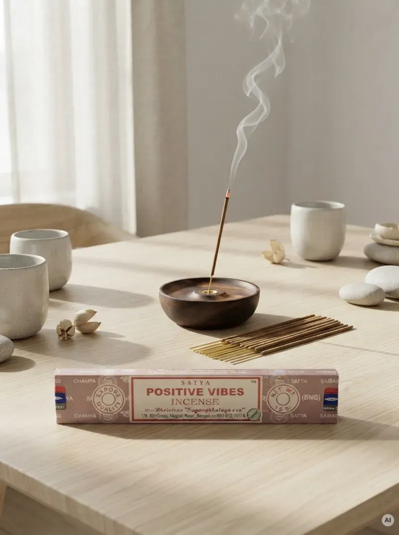 Oryginalne pomarańczowo kremowe opakowanie indyjskich kadzidełek SATYA Positive Vibes obok naturalnych patyczków masala.