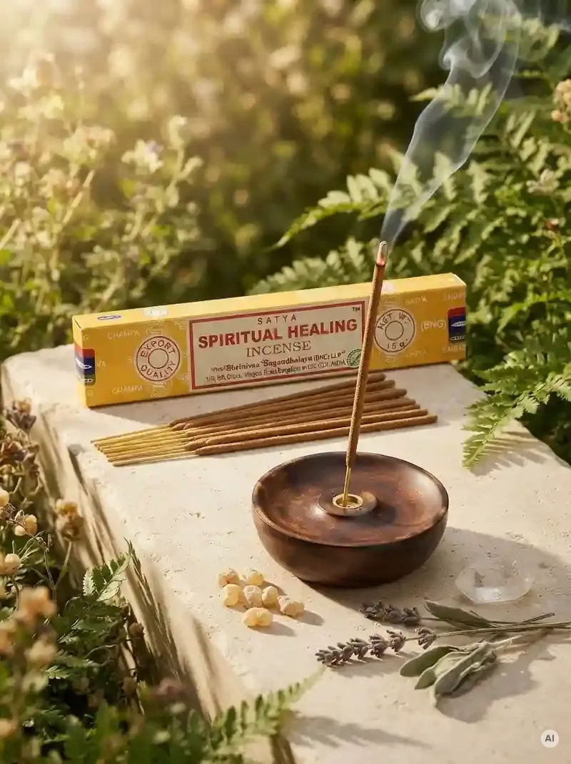Oryginalne żółto pomarańczowe opakowanie indyjskich kadzidełek SATYA Spiritual Healing obok naturalnych patyczków masala.