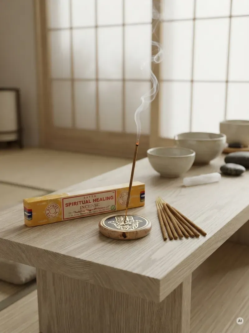 Oryginalne żółto pomarańczowe opakowanie indyjskich kadzidełek SATYA Spiritual Healing obok naturalnych patyczków masala.