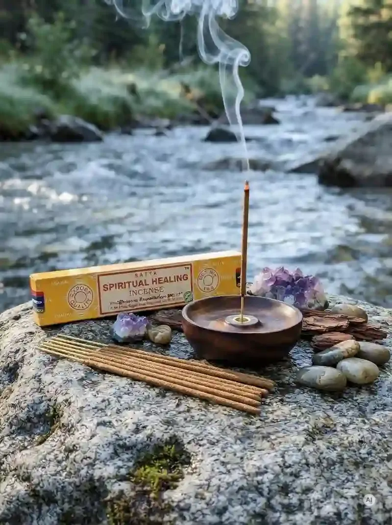 Oryginalne żółto pomarańczowe opakowanie indyjskich kadzidełek SATYA Spiritual Healing obok naturalnych patyczków masala.