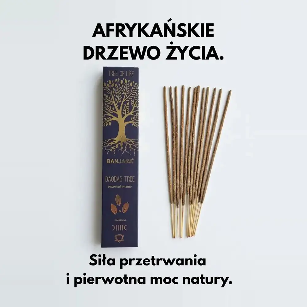 Granatowe pudełko kadzidełek Banjara Baobab Tree obok patyczków, z napisami „Afrykańskie drzewo życia” i „Siła przetrwania i pierwotna moc natury”.