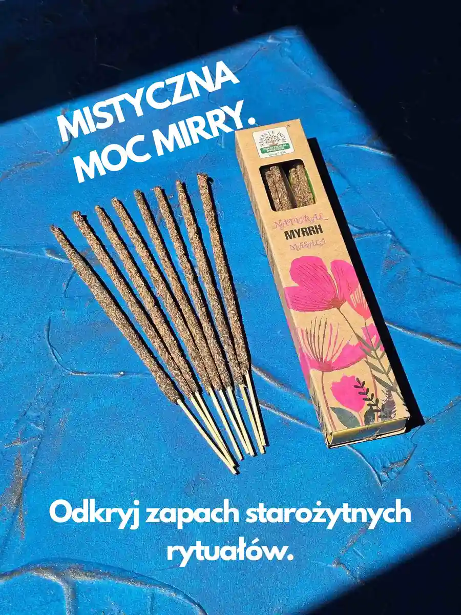 Eleganckie opakowanie kadzideł Myrrh Premium obok bryłek naturalnej żywicy mirry, prezentujące rozwiązanie dla osób szukających głębokiego wyciszenia i duchowej odnowy.