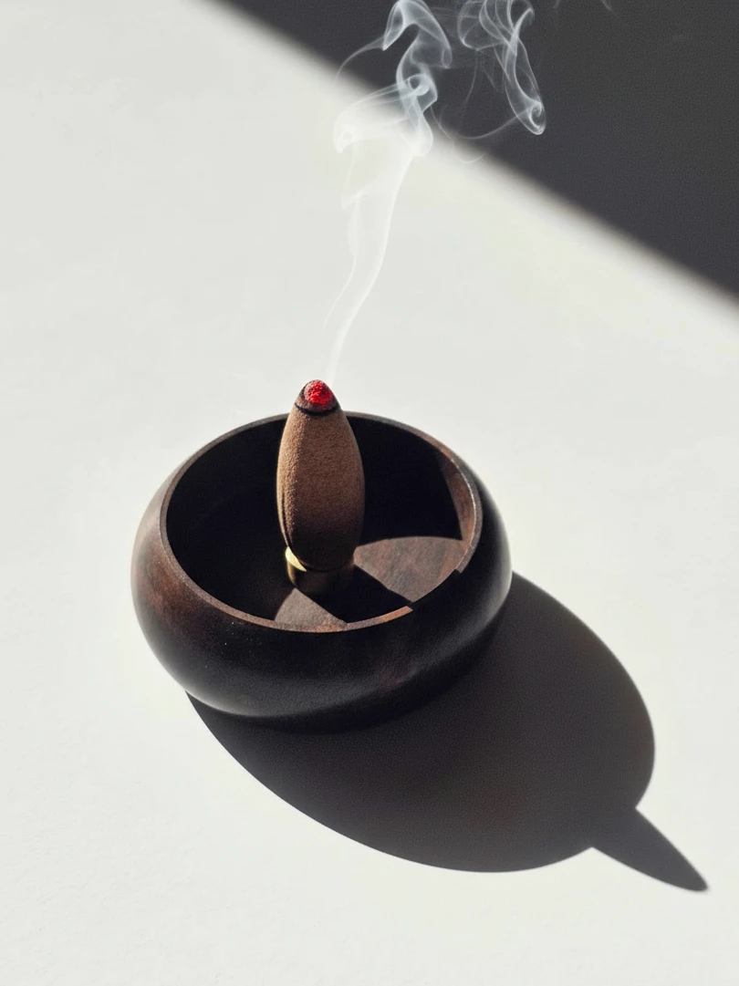 Mała, drewniana podstawka w dłoni, pokazująca jej kompaktowy rozmiar i przeznaczenie wyłącznie do kadzideł stożkowych.