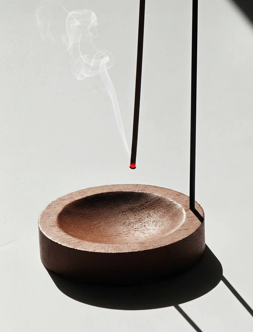 Elegancki metalowy uchwyt trzymający kadzidło patyczkowe do góry nogami nad drewnianą podstawką, prezentujący nowoczesny sposób palenia bez rozsypywania popiołu.