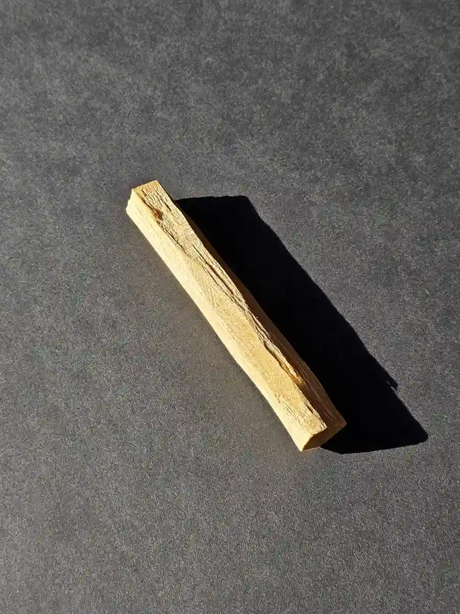 Pojedyncza szczapka naturalnego Palo Santo na ciemnym tle, oświetlona profesjonalnym, punktowym światłem.