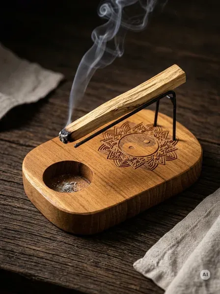 Podstawka z jasnego drewna tekowego z grawerem Yin Yang, wgłębieniem na popiół oraz czarnym metalowym stojakiem na drewienko Palo Santo.